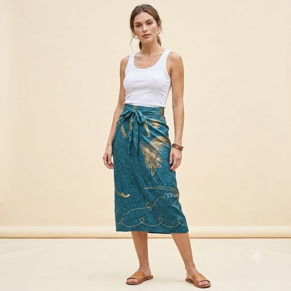 Tormy's‎ Shop Teal Gold Dolphin Graphic Rayon Wrap Skirt Sarong Indonesia